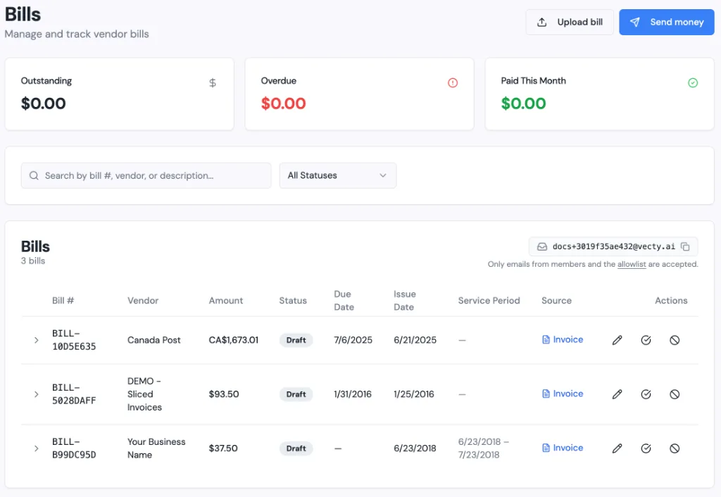 Bills management dashboard showing outstanding, overdue, and paid amounts with vendor bill tracking