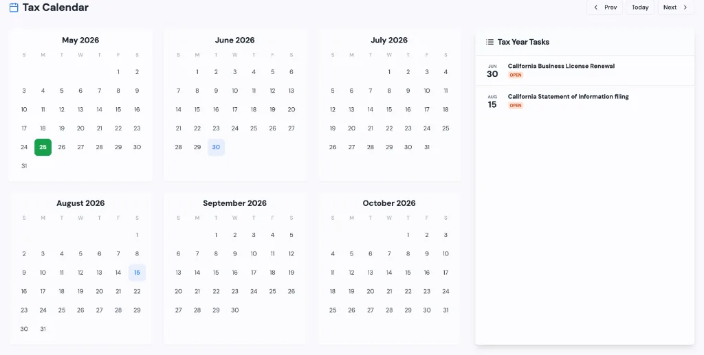 Tax calendar showing monthly view with compliance deadlines and tax year tasks